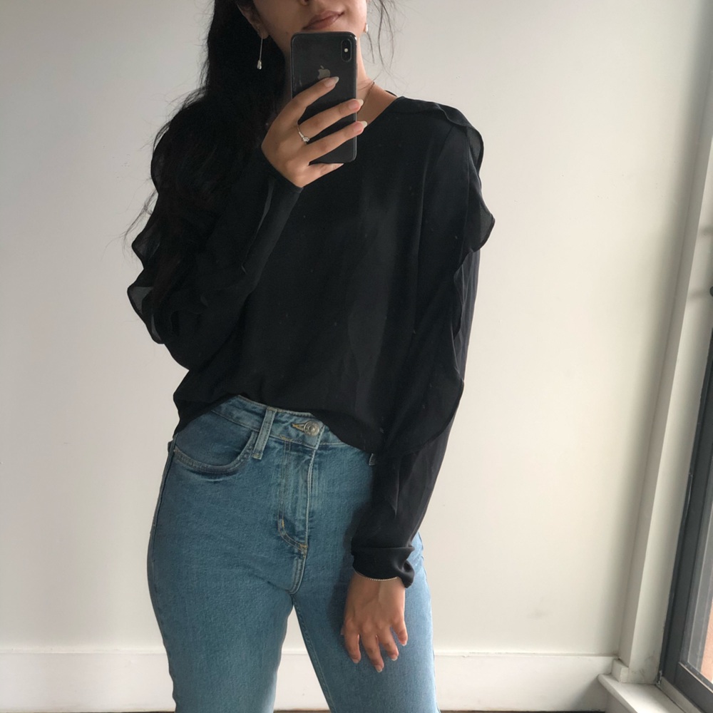 Black ruffle sleeve blouse